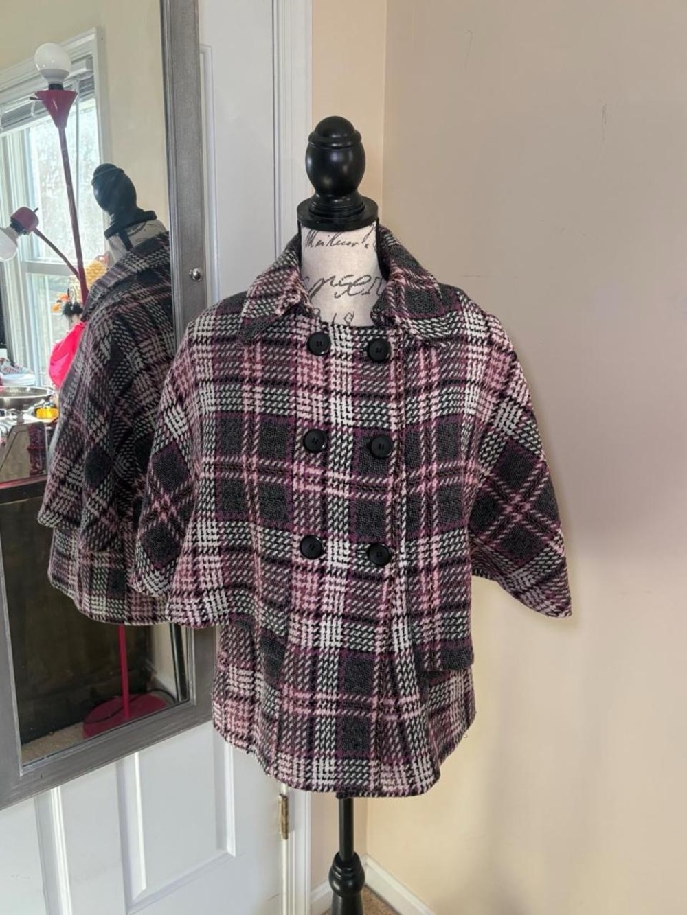 Brandon Thomas Pink & Black Plaid Double-Breasted Cape Coat